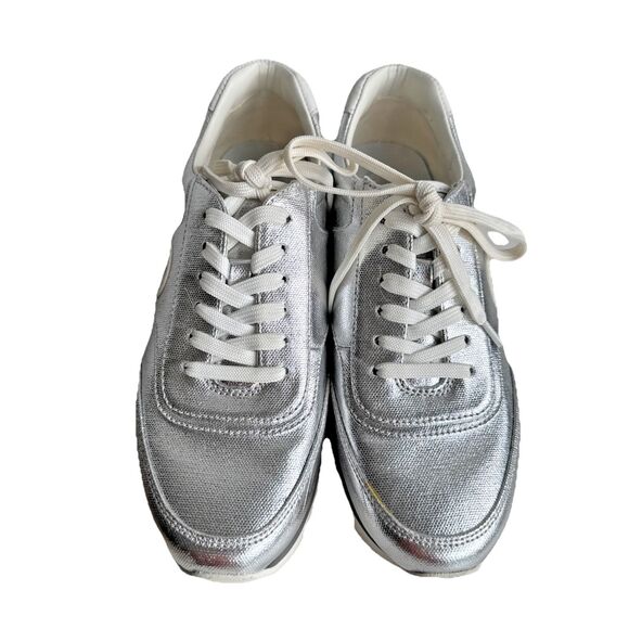 Tory Burch Sawtooth Logo Sneaker Size 7.5 Metallic Canvas Napa Leather Silver - Picture 5 of 12